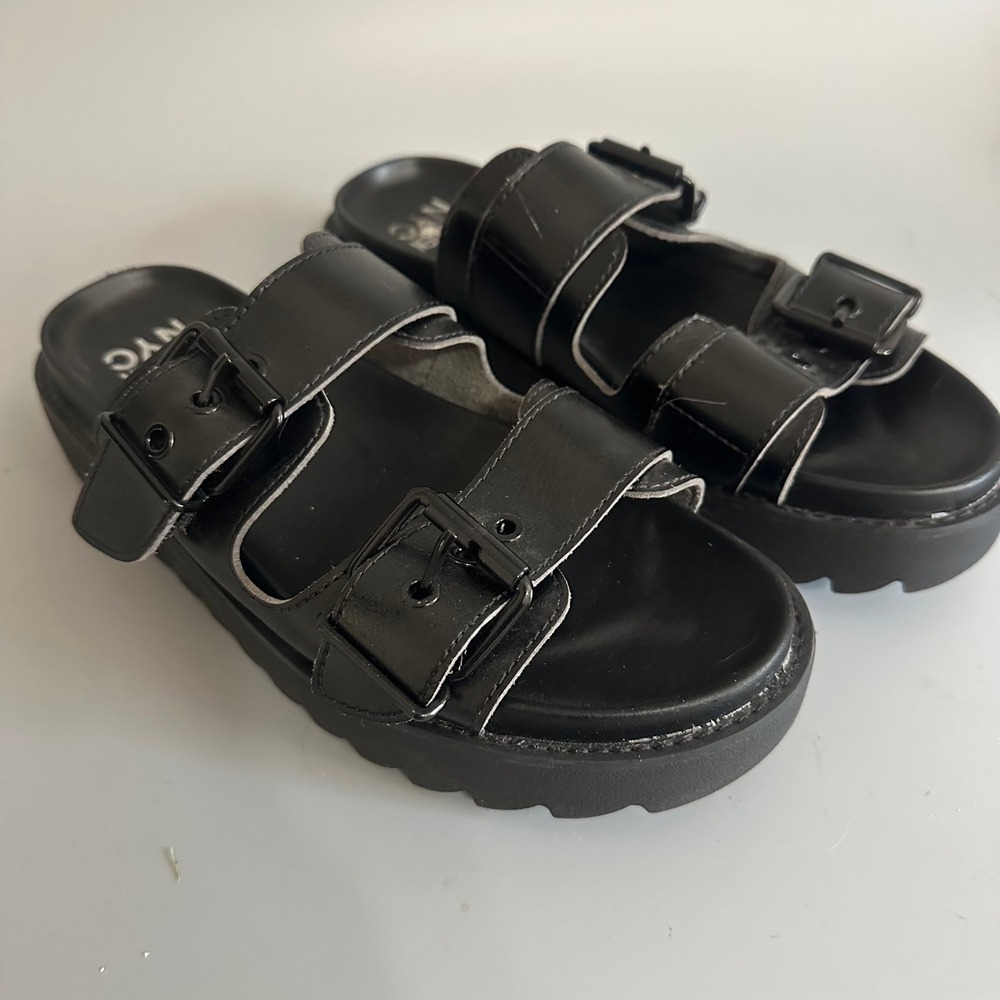 Chunky Black Buckle Slide Sandals